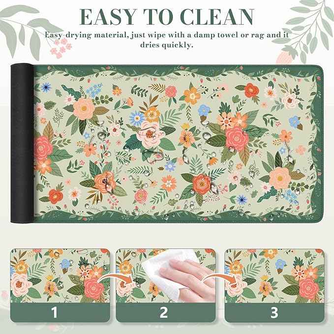 iCasso Floral Desk Mat for Keyboard and Mouse,Cute Gaming Mouse Pad XXL,Anti-Slip Desk Matt for Desktop,Soft Lycra Surface Computer Mat Women,Girly Big Mousepad for Home Office (Green Floral)