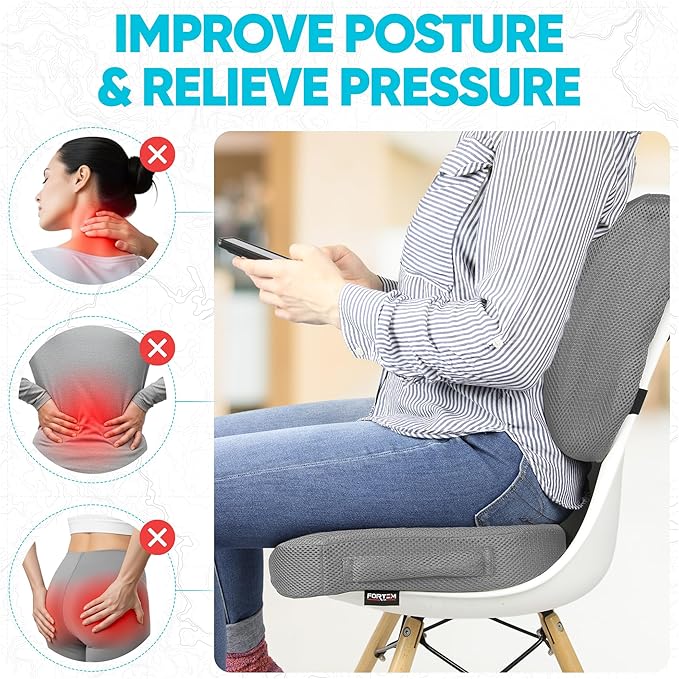FORTEM Seat Cushion, Office Chair Cushion, Lumbar Support Pillow for Office Chair, Memory Foam Ergonomic Coccyx & Lumbar Support, Car Sitting Pad, Washable Non-Slip, XL