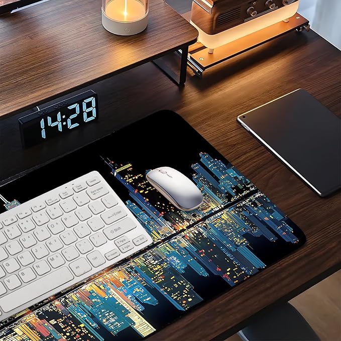 Large Mouse Pad & Keyboard Mat 35x16 Inches, Modern City Nightscape with Neon Lights Non-Slip Rubber Base Desk Mat, Large Extended Desk Protector for Home Office Gaming Setup