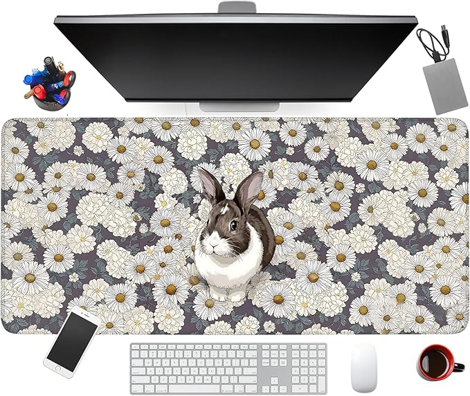 Large Mouse Pad & Keyboard Mat 35x16 Inches, Cute Rabbit in White Daisy Field Non-Slip Rubber Base Desk Mat, Large Extended Desk Protector for Home Office Gaming Setup