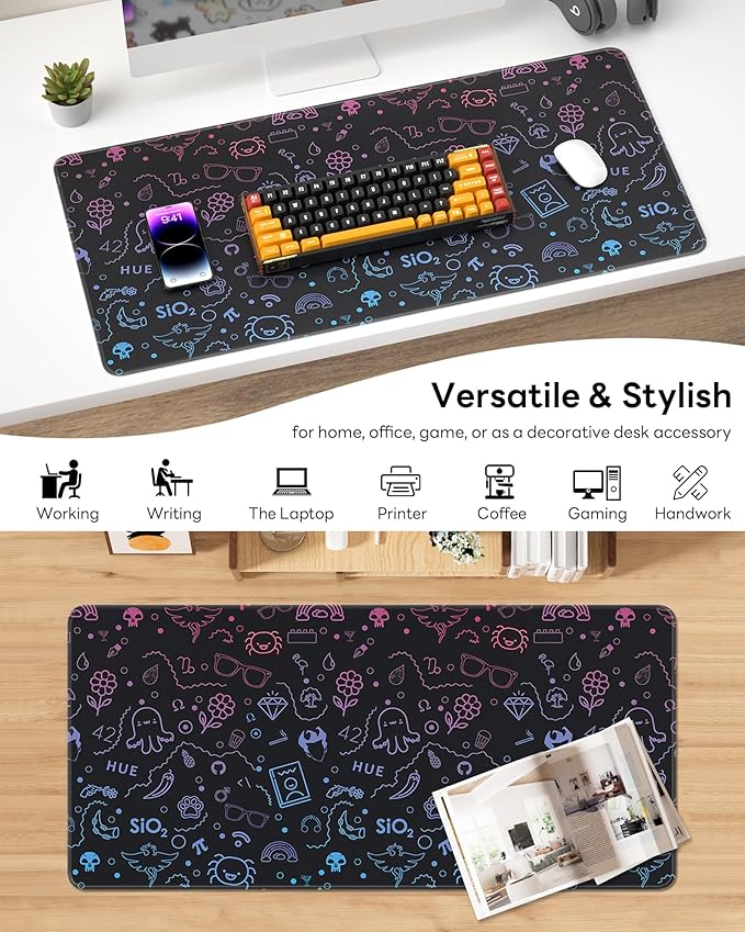 XL Gaming Mouse Pad, 31.5x15.7'' Large Desk Mat with Anti-Slip Rubber Base & Stitched Edges for Gaming, Office, Home, Cute Graffiti