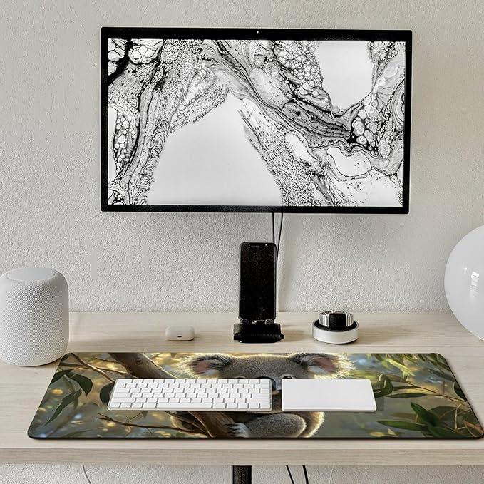 Large Ergonomic Gaming Mouse Pad Baby Koala on Eucalyptus Branch - Adorable Wildlife Theme with Non-Slip Base Water-Resistant Surface and Stitched Edges 40x90cm
