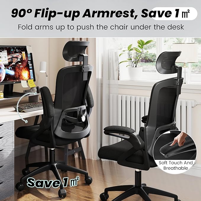 Fizzin Office Chair, Ergonomic Office Chair with High Back Mesh and Adjustable Lumbar Support, Home Mesh Office Desk Chairs with Wheels, Comfortable Gaming Chair for Long Hours (Deep Black)