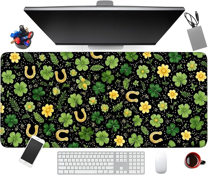 Large Mouse Pad & Keyboard Mat 35x16 Inches, Fresh Clover and Golden Horseshoe Meadow Non-Slip Rubber Base Desk Mat, Large Extended Desk Protector for Home Office Gaming Setup