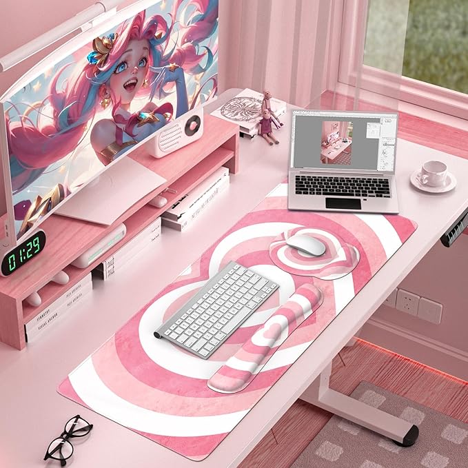 iLeadon Pink Desk Mat, Desk Pad + Pink Mouse Pad with Wrist Rest + Keyboard Wrist Rest + Coaster, 4in1 Mouse Pad Set, Mouse and Keyboard Pad for Home Office, Heart Pink