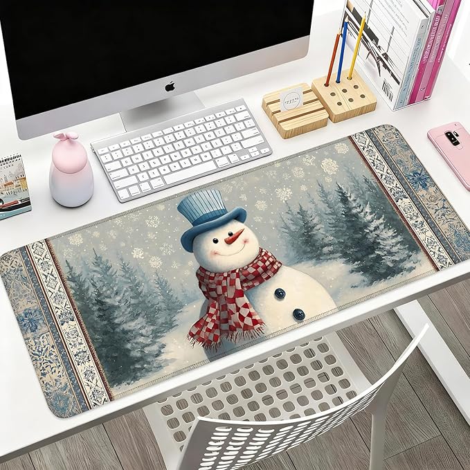 Desk Mat, XXL Extended Gaming Pad for Desktop, 35x16 Inches Winter Snowman in Snowy Forest, Large Non-Slip Vegan Leather Surface with Stitched Edges, Keyboard Mouse Mat for Home Office