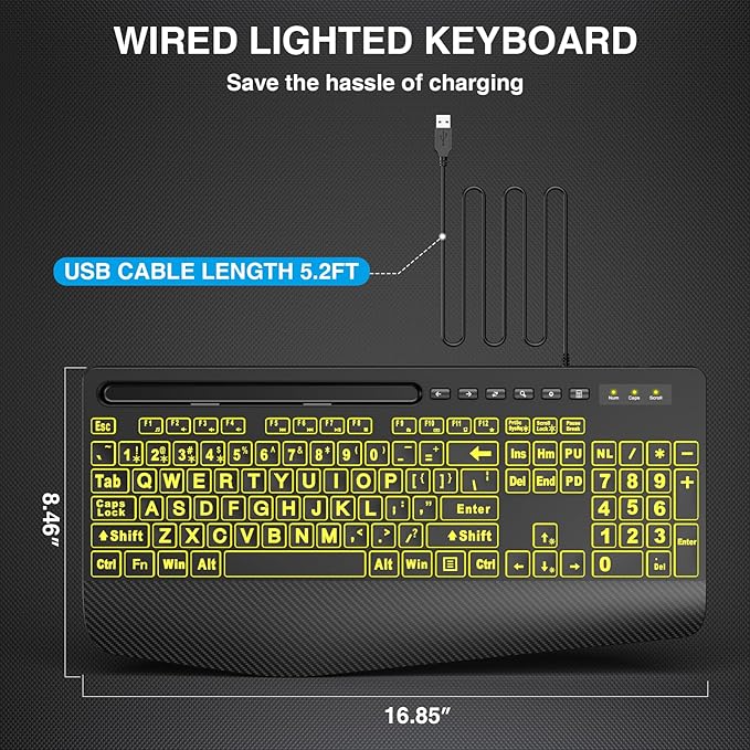 Wired Keyboard Mouse Combo - Large Print Backlit, Ergonomic Wrist Rest, 6 DPI RGB for PC/Windows - Ideal for Seniors, Students, Office and Home SABLUTE KM21Pro