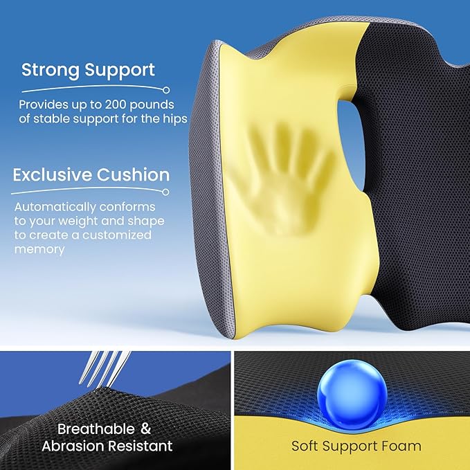 Benazcap Large Ergonomic Seat Cushion for Office Chair, Coccyx & Lumbar Support Pillow, Memory Foam Seat Cushions for Office Chairs