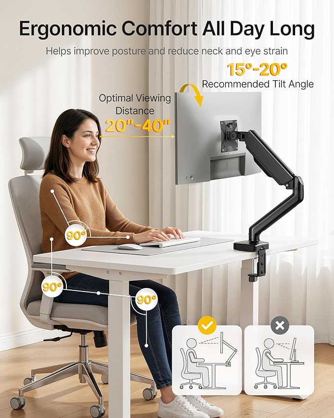 monTEK Single Monitor Arm with USB Fully Adjustable Monitor Mount Fits 17-32 inch Screens Desk Monitor Stand up to 19.8lbs with Clamp/Grommet, Cable Management, Quick Release Plate, VESA 75/100mm
