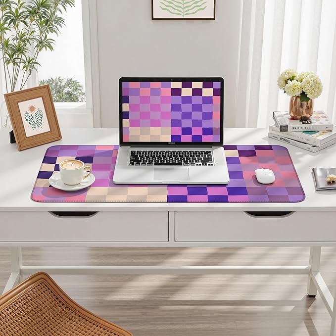 Pastel Purple Pink Checkered Desk Mat XXL Large Mouse Pad with Stitched Edges, Keyboard Pad Mouse Mat for Computer Deor Desk Matt for Desktop 31.5 X 15.7In