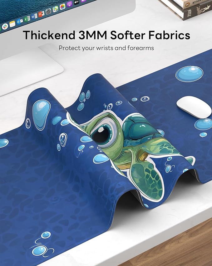 Turtle Mouse Pad, 31.5 x 11.8 Large Desk Mat with Stitched Edges & Non-Slip Base, Mousepad for Office, Home, Work, Cute Turtle