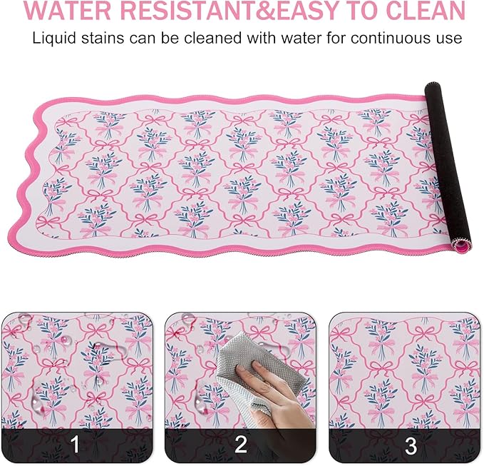 L-SPOUTTO Pink Mouse Pad,Cute Desk Mat XXL Large Scalloped Gaming Mousepad,35.4x15.7in Non-Slip Rubber Base Keyboard Pad Waterproof Girly Desktop Mat for Laptop Computer Game Home Office-Flower Bow