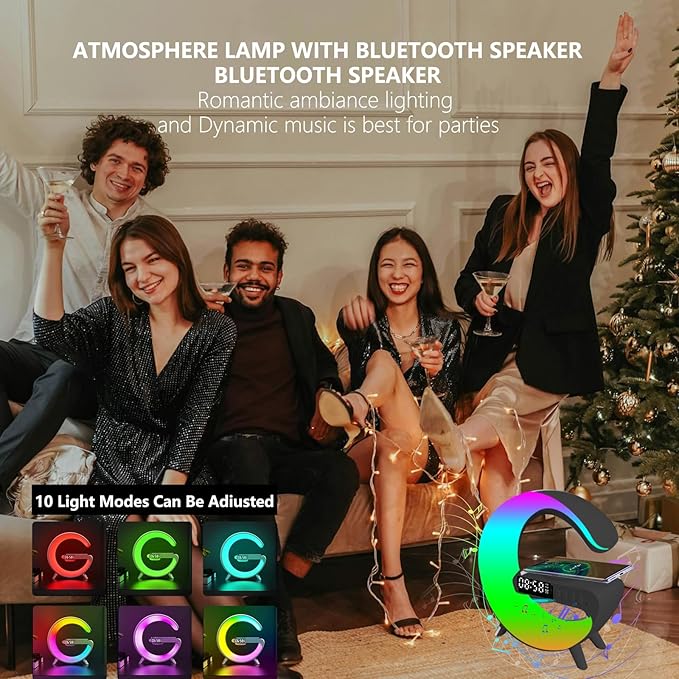 Wireless Speaker Charger Light,LED Bedside Lamp 4-in-1 Alarm Clock,Mood Light,Speaker & Wireless Charger,G-Shaped Atmosphere Lamp RGB Colour Changing Lamp for Bedroom,Birthday Gifts(Black)
