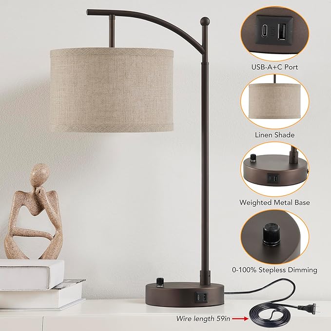 Table Lamp for Living Room Bedroom, 23.5" Table Lamps Set of 2 with USB C+A Ports, Bedside Lamps for Nightstand with Linen Lamp Shades, 2 Dimmable LED Bulbs Included, Brown