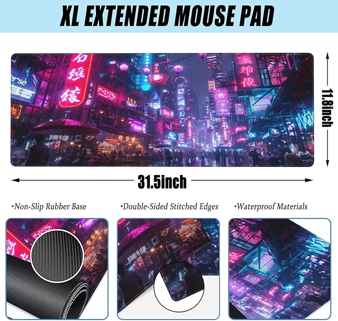 Desk Mat,Cyberpunk Neon City Large Gaming Mouse Pad for Desk XL,Futuristic Night Street Desk Pad,Extended Big Computer Keyboard Mouse Pad with Non-Slip Base and Stitched Edge 31.5"x11.8"