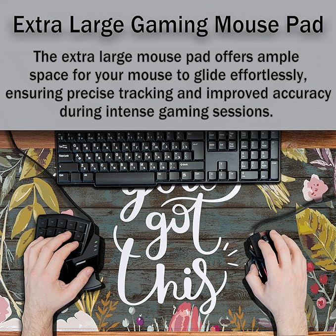Computer Mats Floral Work Desk Mat Gaming Mouse Pad Large Mousepads Table Extender Waterproof Non-Slip Rubber Base 35.4 X 15.7 for Game Office, Motivation Quote You Got This