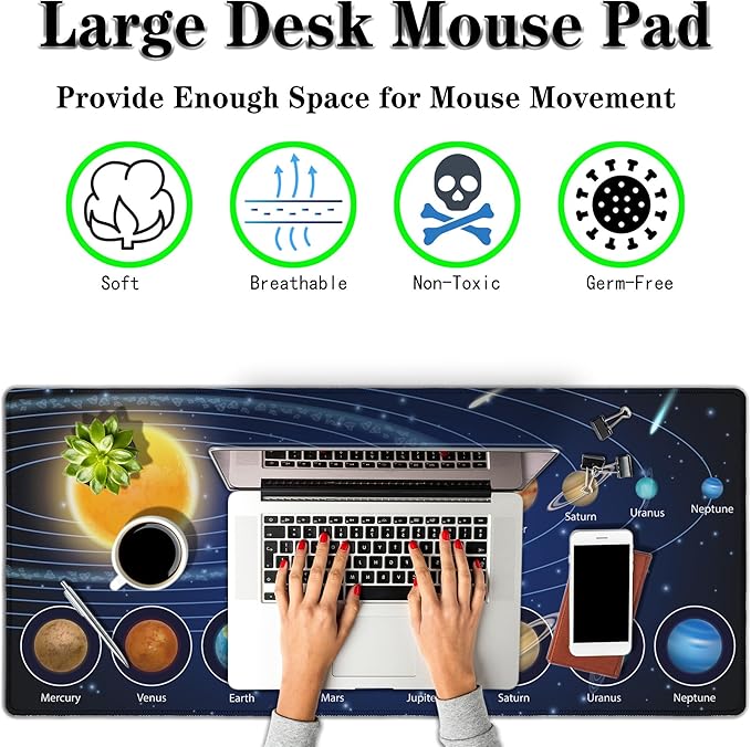 Biggest Mouse Pad - Yellow Pc Desk Mat, 900X400mm Waterproof Non-Slip Rubber Base, 35.4" X 15.7" for Work, Game, Office Galaxy Solar System Planets