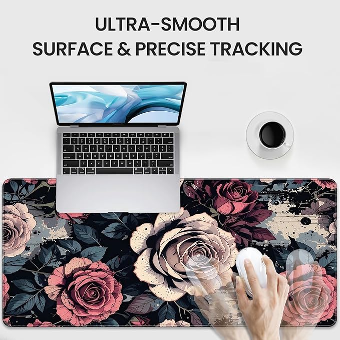 XXL Gaming Mouse Pad, Vintage Rose Floral Design, 35.4 x 15.7 Inches, Microfiber Cloth, Non-Slip Rubber Base, Rectangular Extended Desk Mat