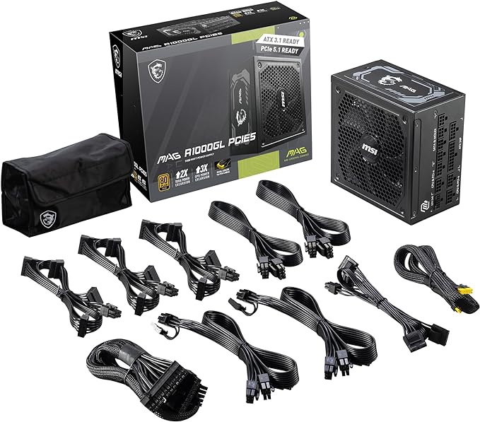 msi MAG A1000GL PCIE5, Fully Modular Compact Gaming 1000W Power Supply, 80+ Gold, ATX 3.1 & PCIe 5.1 Ready, Native Dual-Color 12V-2x6 Cable, 10 Year Warranty