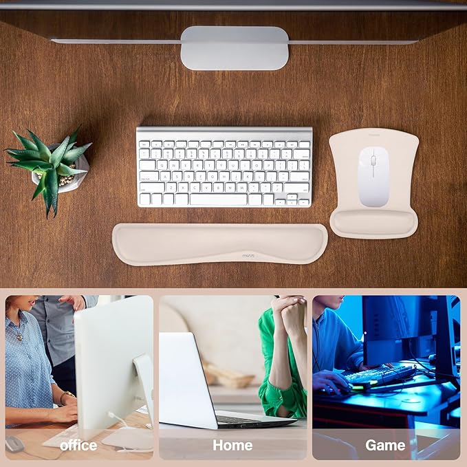 MOSISO Wrist Rest Support for Mouse Pad & Keyboard Set, Ergonomic Mousepad Non-Slip Base Home/Office Easy Typing Cushion with Neoprene Cloth & Raised Memory Foam, Apricot