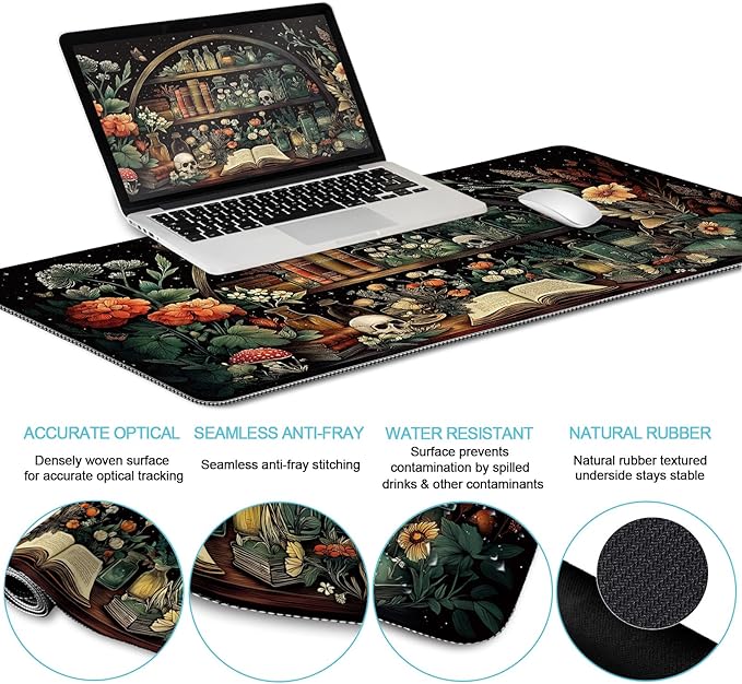 Goth Skull Mouse Pad Set Large Desk Mat for Desktop, Ergonomic Mouse Pad with Wrist Rest for Gaming, Keyboard Mat Wrist Support Cup Coaster Set, Gothic Office Desk Accessories Decor Supplies