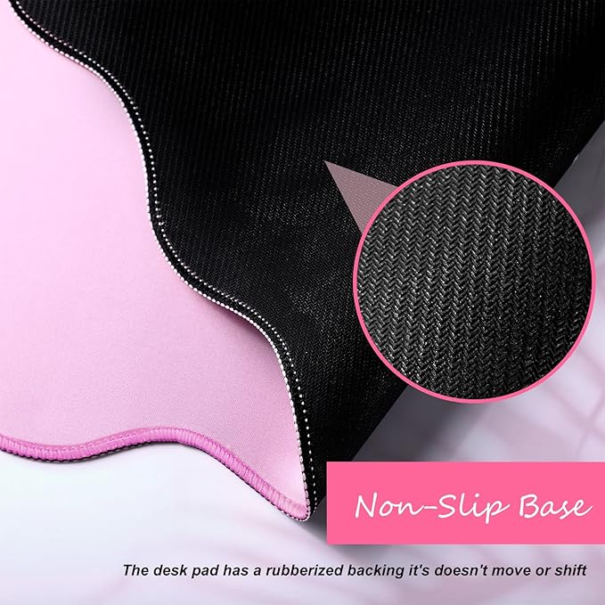 Scalloped Desk Mat Large Scalloped Piping Cute Desk Mat Aesthetic Preppy Table Pad Large Nonslip Pad with Edge Stitching Waterproof Gaming(Pink,23.62 x 13.78 Inches)