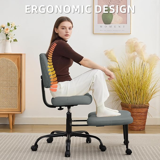 Ergonomic Criss Cross Legged Office Chair, ADHD Chair, Wide Height Adjustable Seat 360° Swivel Footstool with Wheels, PU Leather Meditation Kneeling Chair, for The Restless Home Workers, Grey