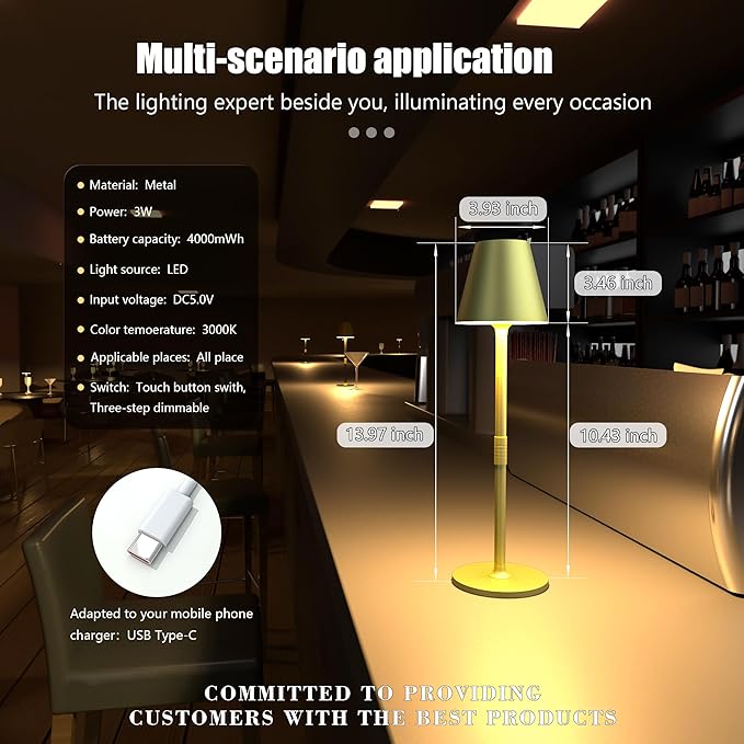 1-Pack Cordless Table Lamps - 5000mAh Rechargeable Battery Operated Desk Lamp, 3-Level Dimmable LED Night Light for Bedroom, Dining, Restaurant - Metal Design (Champagne Gold-1Pack)
