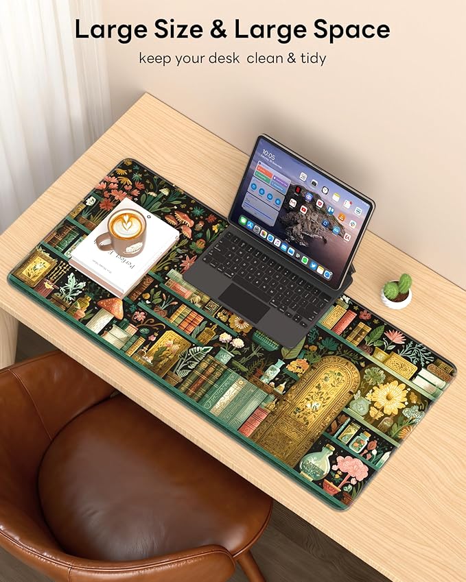 XL Gaming Mouse Pad, 31.5x15.7'' Large Desk Mat with Anti-Slip Rubber Base & Stitched Edges for Gaming, Office, Home, Boho Bookshelf