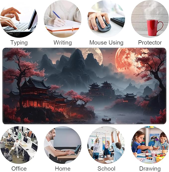Desk Mat, Japanese Full Moon XXL 35.4"x15.7"Large Gaming Mouse Pad, 3mm Thick Gaming Keyboard Pad,Desk Pad Non-Slip Rubber Base with Stitched Edges for Office Game Home Decor