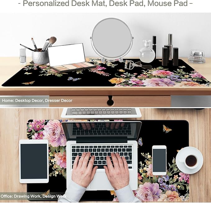 Vimorco Desk Mat Mouse Pad Butterfly Flower, Waterproof Pink Floral XL Large Gaming Desk Pad Mousepad, Black Computer Laptop Keyboard Mouse Mat for Women Girls Work, Game, Office, Home 31.5 x 11.8 in