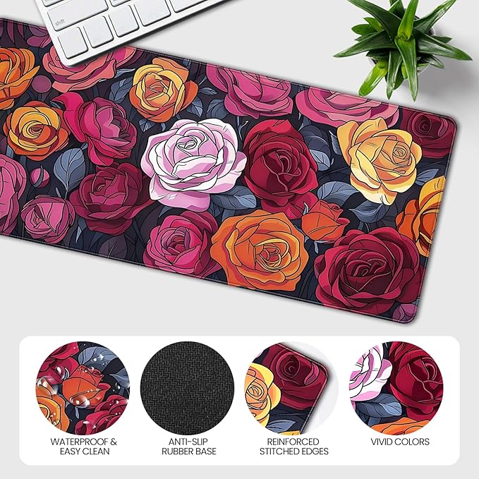 XXL Gaming Mouse Pad, Vintage Roses Floral Design, 35.4 x 15.7 Inches, Non-Slip Rubber Base, Microfiber Cloth, Extended Rectangular Desk Mat