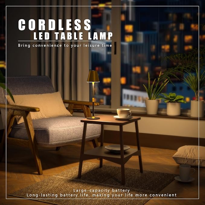 1-Pack Cordless Table Lamps - 5000mAh Rechargeable Battery Operated Desk Lamp, 3-Level Dimmable LED Night Light for Bedroom, Dining, Restaurant - Metal Design(Gold&Black-1Pack)