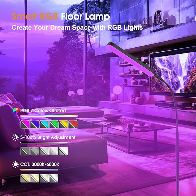 Floor Lamps, RGB Color Changing Dimmer Bright LED Floor Lamp with Stepless Adjustable 3000K-6000K, Smart Remote Control Modern Standing Floor Lamp for Bedroom, Reading, Gaming Room
