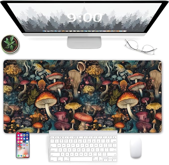 Mushrooms Desk Mat, Vintage Mushroom Floral Extended Gaming Mouse Pad Large, Big Desk Mat with Non-Slip Base and Stitched Edge, Long Computer Keyboard Mouse Mat for Home Office Work 31.5"x15.7"