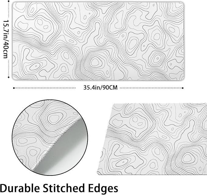 aportt Topographic Map Large Mouse Pad XXL White Lines Contour Geographic Extended Desk Mat Big 90X40 CM Non-Slip Rubber Base Stitched Edge Long Mousepad,35.4 x 15.7 Inch