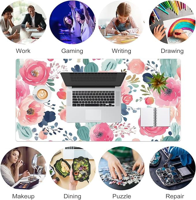 Bloss Pink Floral Desk Mat, Leather Desk Pad, Desk Matt for Desktop, Waterproof Desk Pad Mat, Computer Mat for Office Work/Home/Decor/Desk Protector(31.5 x 15.7 Inches)