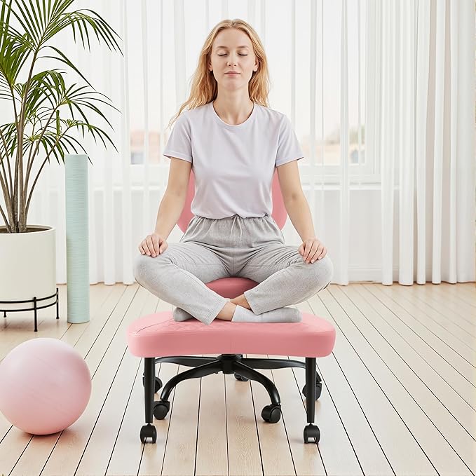 GUNJI Ergonomic Criss Cross Legged Office Chair, 360° Swivel Meditation Kneeling Chair with Wheels, ADHD Chair with Footrest, Lumbar Support, Wider Height Adjustable Seat (Pink, Teddy Fleece)