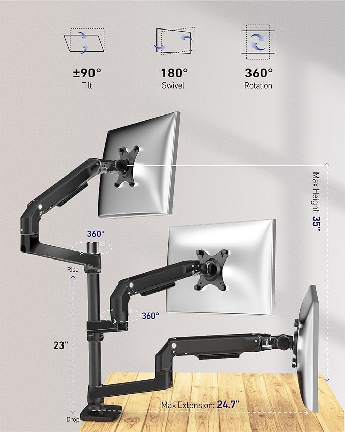 Heavy Duty Triple Monitor Mount, Mechanical Spring 3 Monitor Arm Fits Three 13-40 Inch Screens (25 lbs/Arm), Fully Articulating VESA Desk Stand (C-Clamp/Grommet), Premium Aluminum, Black