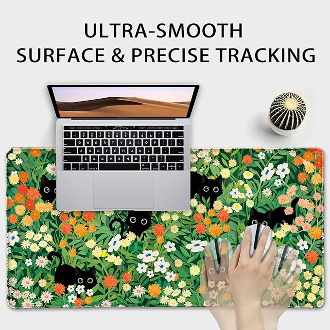 Cute Flower Cat Large Gaming Mouse Pad 31.5"x15.7", Flower XXL Desk Mat, Non-Slip Rubber Base & Stitched Edges Extended Mousepad for PC/Laptop/Office/Home Decor
