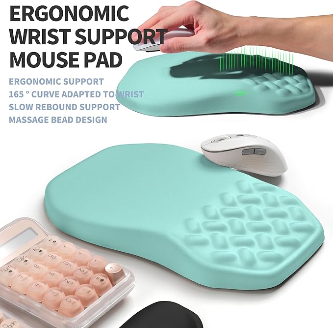2-in-1 Ergonomic Set, Wave Keyboard Wrist Rest and Massage Slope Mouse Pad Wrist Support, Rebound Memory Foam for Ergonomic Comfort (Light Blue)