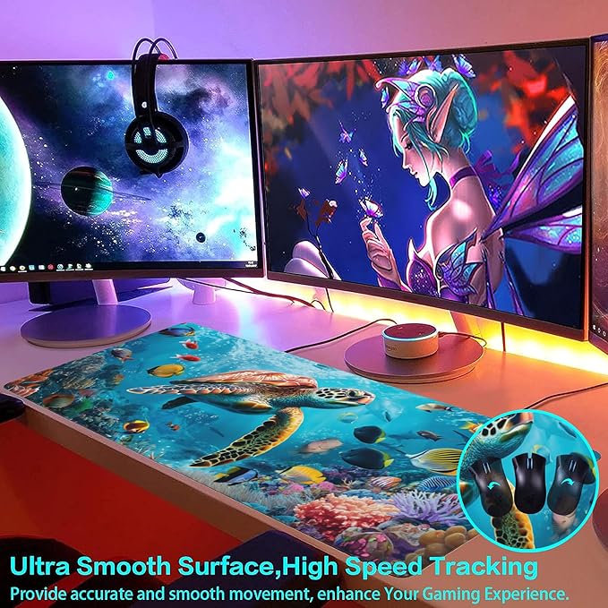 XXL Mouse Pad,Sea Turtle with Colorful Fish Large Gaming Mouse Pad,The Underwater World Desk Mat,Extended Big Computer Keyboard Desk Pad with Non-Slip Base Stitched Edges 35.4"x15.7"