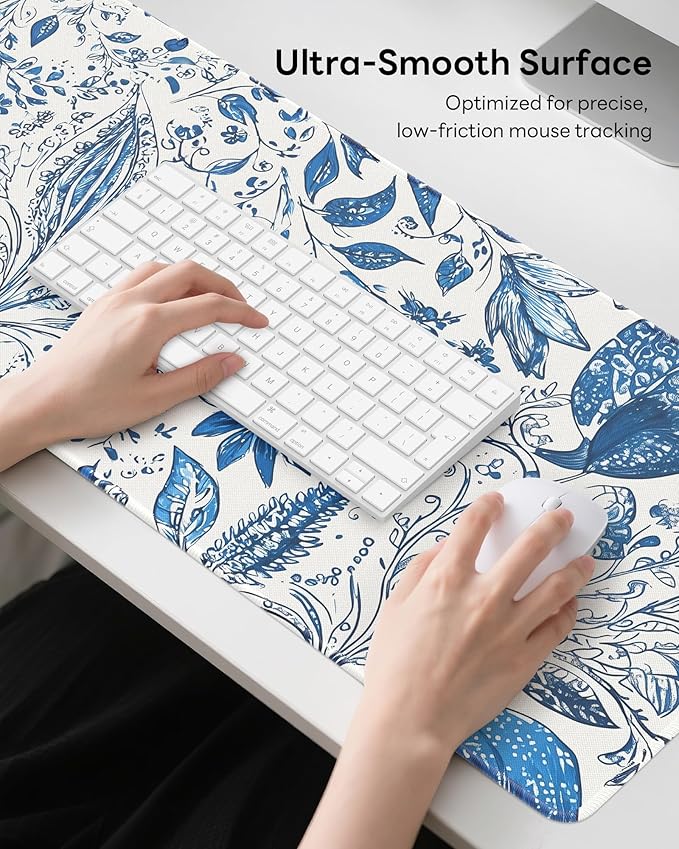 Floral Mouse Pad, 31.5 x 11.8 Large Desk Mat with Stitched Edges & Non-Slip Base, Mousepad for Office, Home, Work, Blue Flower
