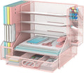SUPEASY Desk Organizer with File Holder, 5-Tier Mesh Paper Organizer Letter Tray with Pen Holder and Drawer, Desk Organizers and Accessories with 3 Tilted File Sorter for Office Supplies, Pink