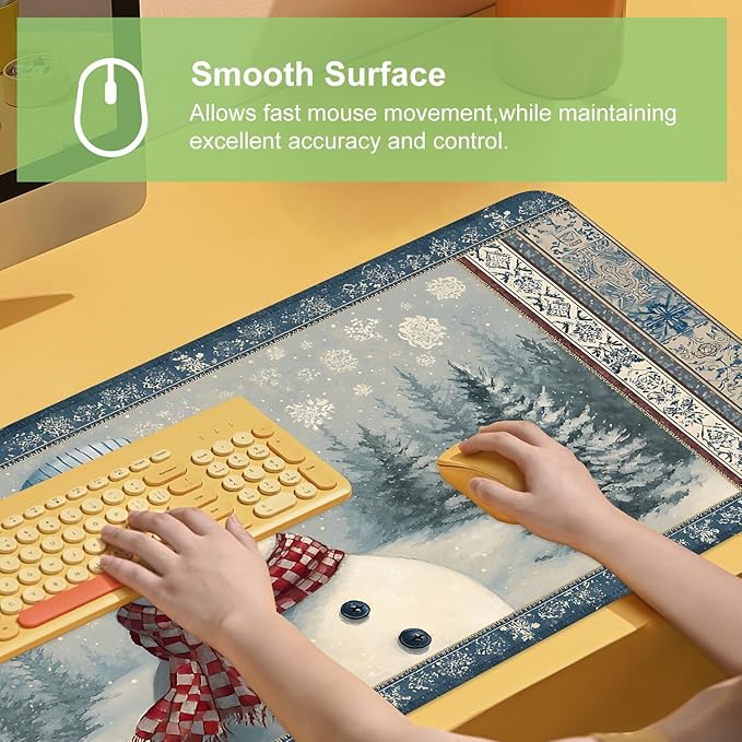 Desk Mat, XXL Extended Gaming Pad for Desktop, 31x12 Inches Winter Snowman in Snowy Forest, Large Non-Slip Vegan Leather Surface with Stitched Edges, Keyboard Mouse Mat for Home Office