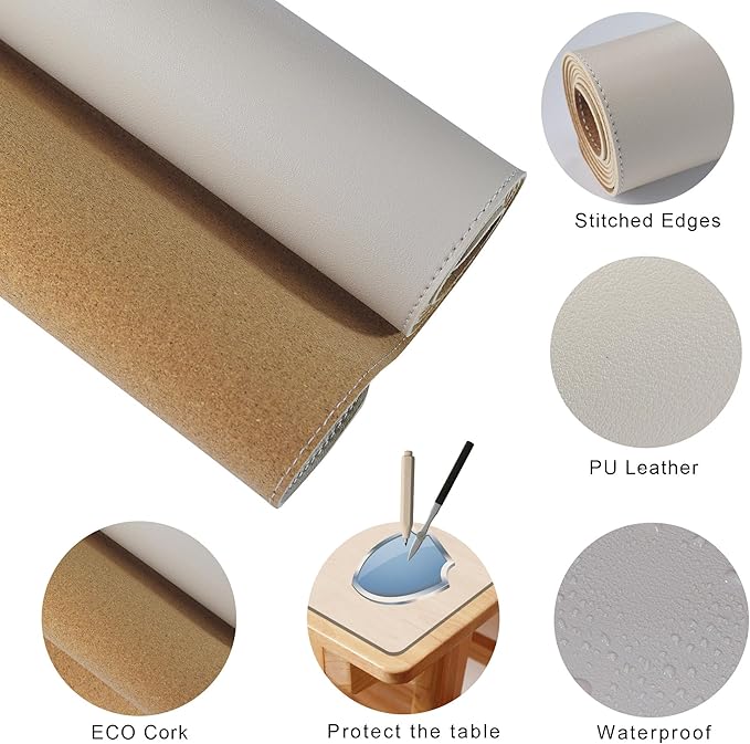 MAIDERN 43.3”x 19.6” Leather Desk Mat, Large Desk Pad, Cork & Leather Large Mouse pad for Desk, Waterproof Computer Desk Mat for Gaming Home Office (Cream)