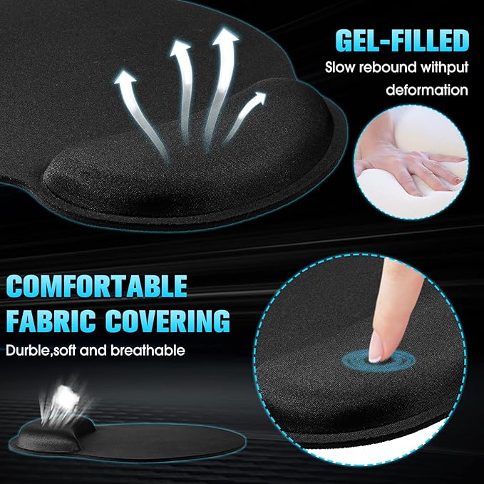 Yunsailing 8 Pack Ergonomic Mouse Pad with Wrist Rest Support Gel Memory Foam Mousepad Comfortable Computer Pad for Wrist Support (Black)