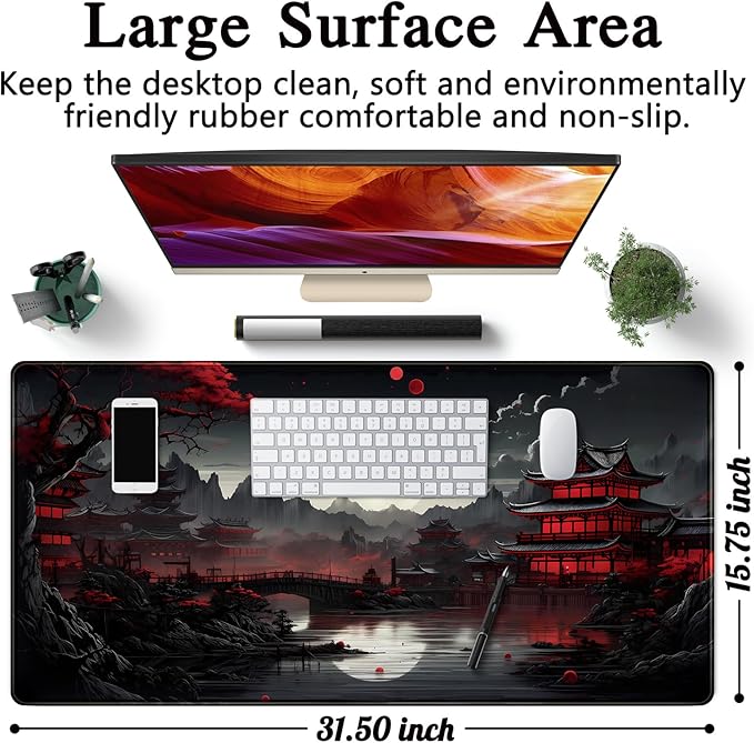 Japanese Desk Mat Riverside Full Moon Desk Pad Black Red Large Mouse Pad Gaming Mousepad Extended XXL Keyboard Pad 31.5 x 15.7 in Laptop Computer Mouse Keyboard Mat for Office Desk Decor