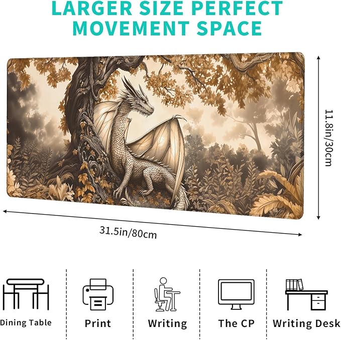 Autumn Dragon Gaming Mouse Pad,12x31.5in Non-Slip Rubber Fantasy Desk Mat,Large Extended Enchanting Tree of Life Mousepad for Office Home Laptop,Mice Pads Gifts,Game Lover Deskmat Decor
