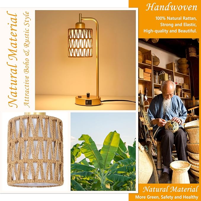 Gold Lamp for Bedroom, Boho Rattan Table Lamps Set of 2 with LED Bulbs, Bedside Lamps for Night Stands with Wicker Shade, USB Port and Outlet, Modern Side Desk Lamp for Living Room Office